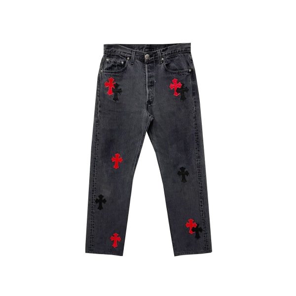 Jeans Grigi Con Toppa a Croce Nera E Rossa Chrome Hearts